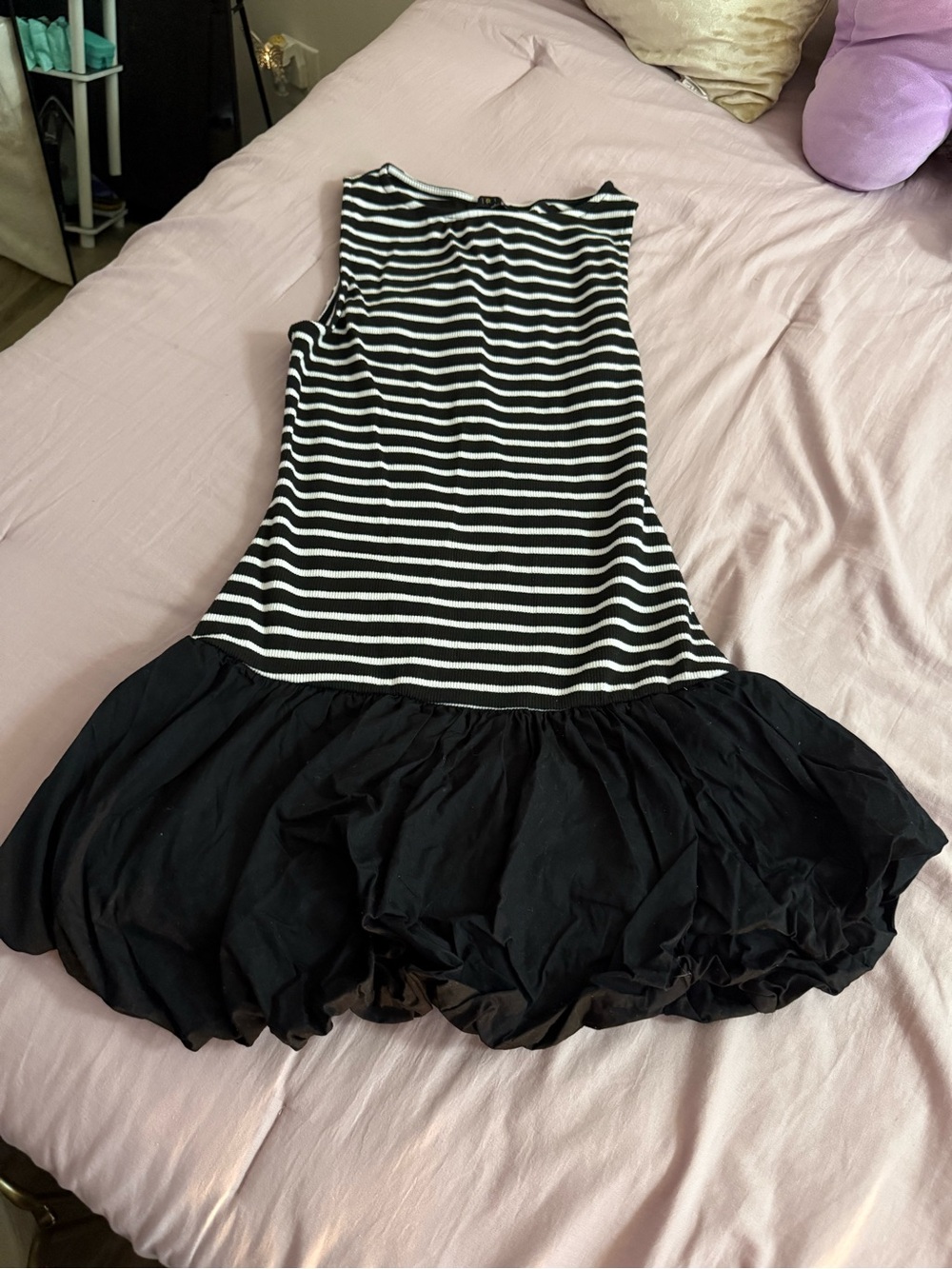 Black & White Striped Sleeveless Dress with Black Bubble Skirt
